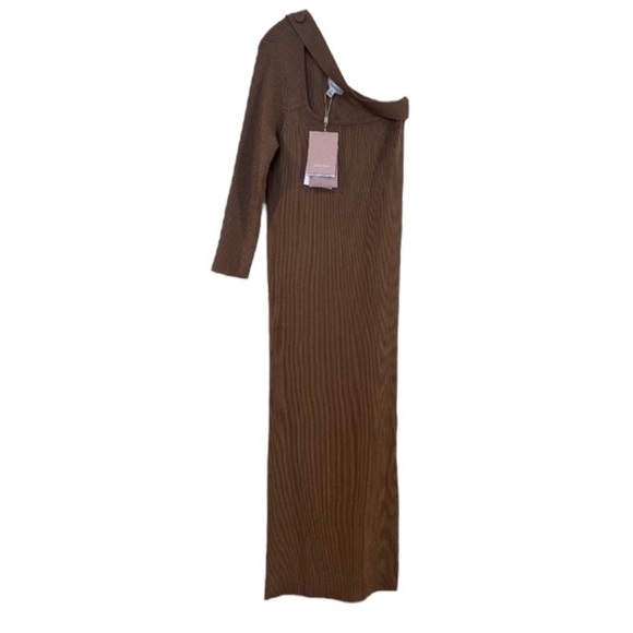 Oroton Dresses & Skirts - Oroton Tan One Sleeve Asymmetric Knit Stretchy Designer Midi Dress Medium NWT